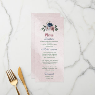 Beautiful pink white navy blue flower greenery menu