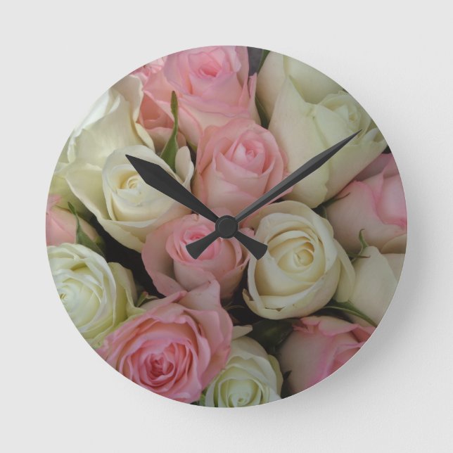 Beautiful Pink White Roses Flower Bouquet Round Clock (Front)