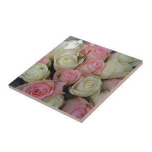 Beautiful Pink White Roses Flower Bouquet Tile