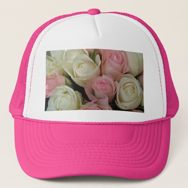 Beautiful Pink White Roses Flower Bouquet Trucker Hat (Front)