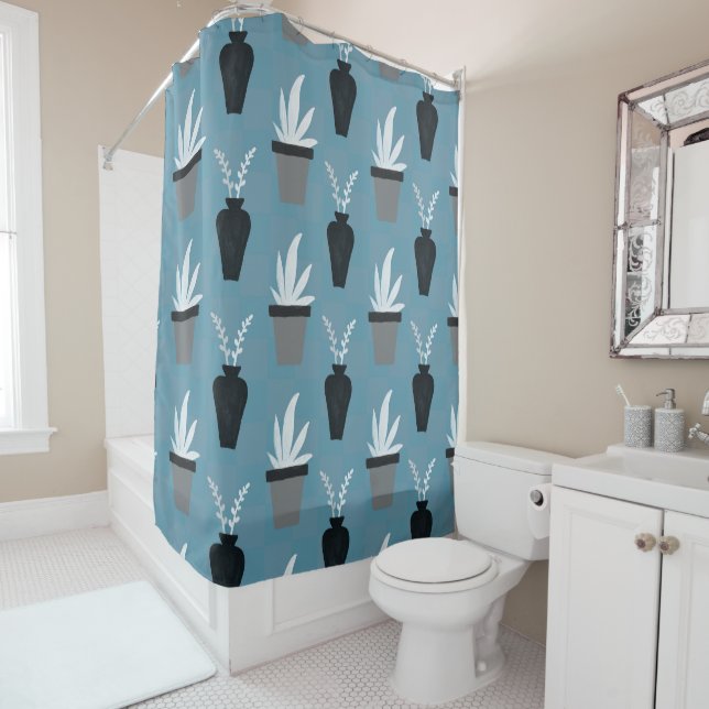Beautiful Plants in Pots Blue, Grey, and White Shower Curtain (In Situ)