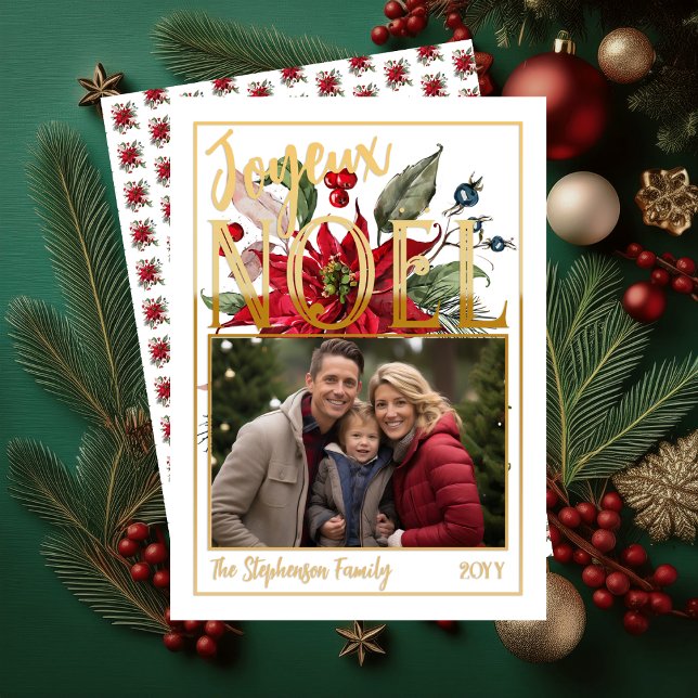 Beautiful Poinsettia and Berries Joyeux Noël  ("Joyeux Noël" French "Merry Christmas" Gold Foil and White Poinsettia | Berries Flat Greeting Card)