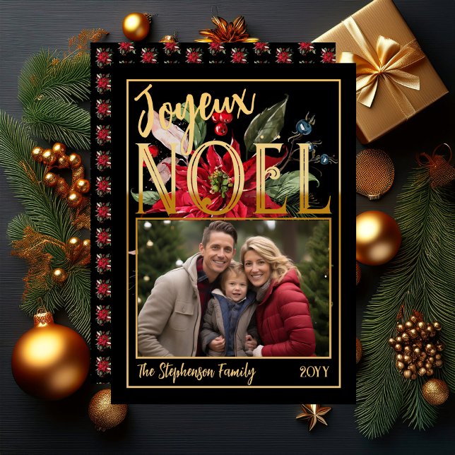Beautiful Poinsettia and Berries Joyeux Noël  ("Joyeux Noël" French "Merry Christmas" Gold Foil and Black Poinsettia | Berries Flat Greeting Card)