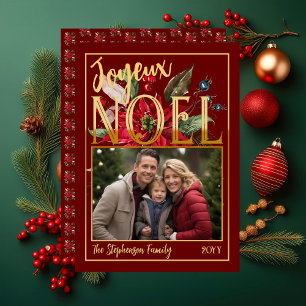 Beautiful Poinsettia and Berries Joyeux Noël  Holiday Card