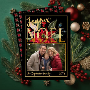 Beautiful Poinsettia and Berries Joyeux Noël  Holiday Card