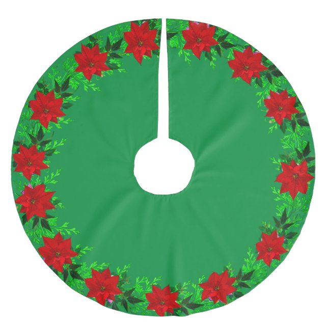 Beautiful Poinsettia Flower Garland on Green Brushed Polyester Tree Skirt (Front)