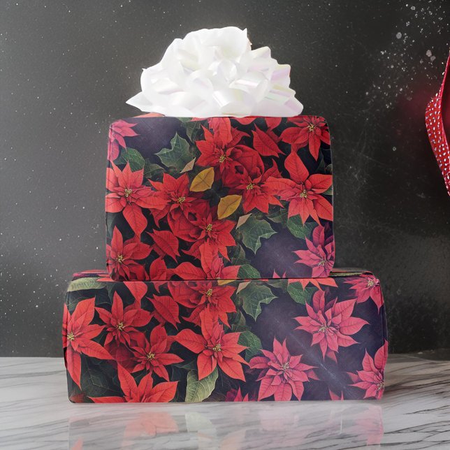 Beautiful Poinsettia Flowers Red Green Gold  Wrapping Paper (Creator Uploaded)