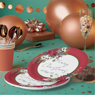 Beautiful poinsettia frame Christmas Holiday  Pape Paper Plate