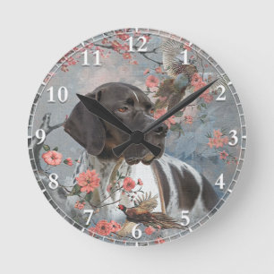 Beautiful pointer with pheasants   round clock