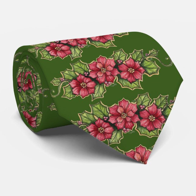 Beautiful Pointsettia on  Dark Green Christmas Tie (Rolled)
