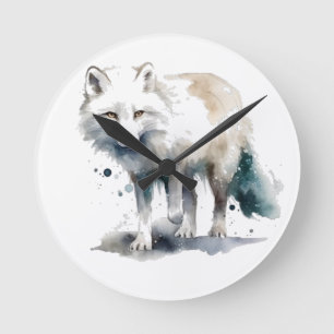 Beautiful polar fox in white and blue watercolor round clock
