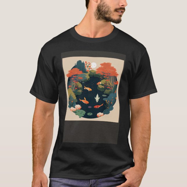 Beautiful Pond in autumn sun over forest with Koi  T-Shirt (Front)