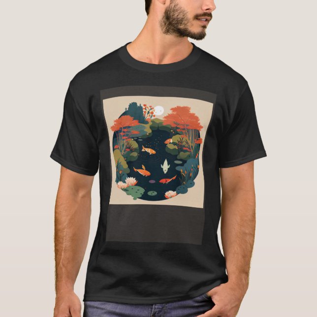 Beautiful Pond in autumn sun over forest with Koi  T-Shirt (Front)