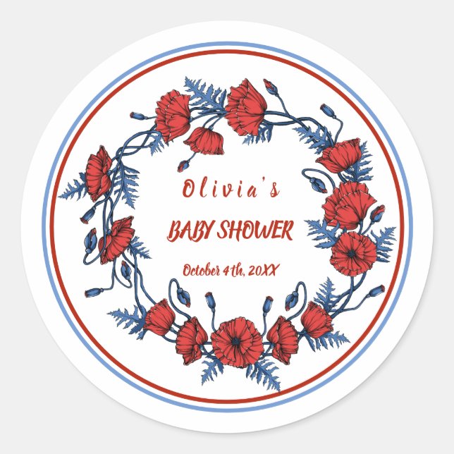 Beautiful Poppy Floral Personalised Baby Shower Classic Round Sticker (Front)