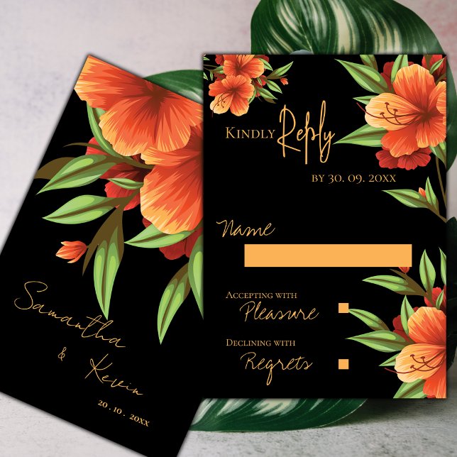 Beautiful Pretty Dark Moody Orange Floral Wedding RSVP Card (Beautiful Pretty Dark Moody Orange Floral Wedding RSVP Card)