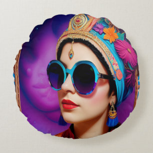 Beautiful princess with sunglasses round cushion