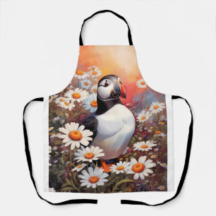 Beautiful Puffin In Daisy Field Apron