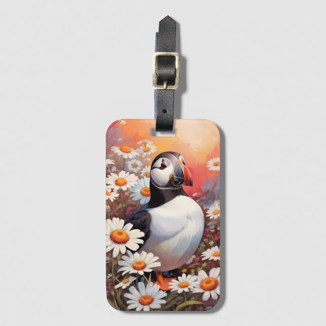 Beautiful Puffin In Daisy Field Luggage Tag (Front Vertical)