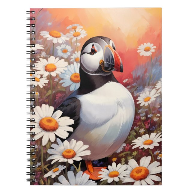 Beautiful Puffin In Daisy Field Notebook (Front)