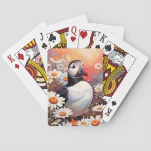 Beautiful Puffin In Daisy Field Playing Cards
