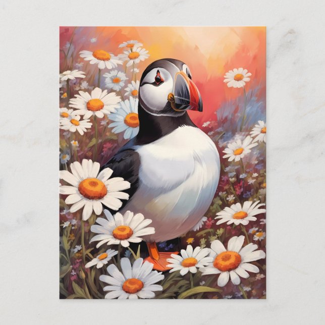Beautiful Puffin In Daisy Field Postcard (Front)