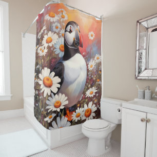 Beautiful Puffin In Daisy Field Shower Curtain