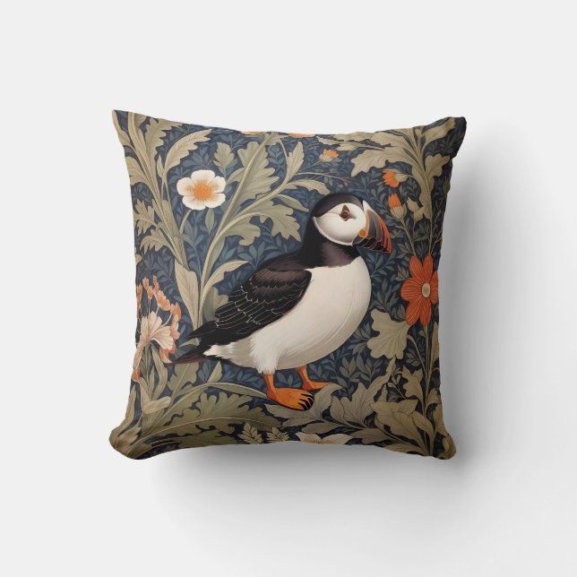 Beautiful Puffin William Morris Inspired Cushion (Front)