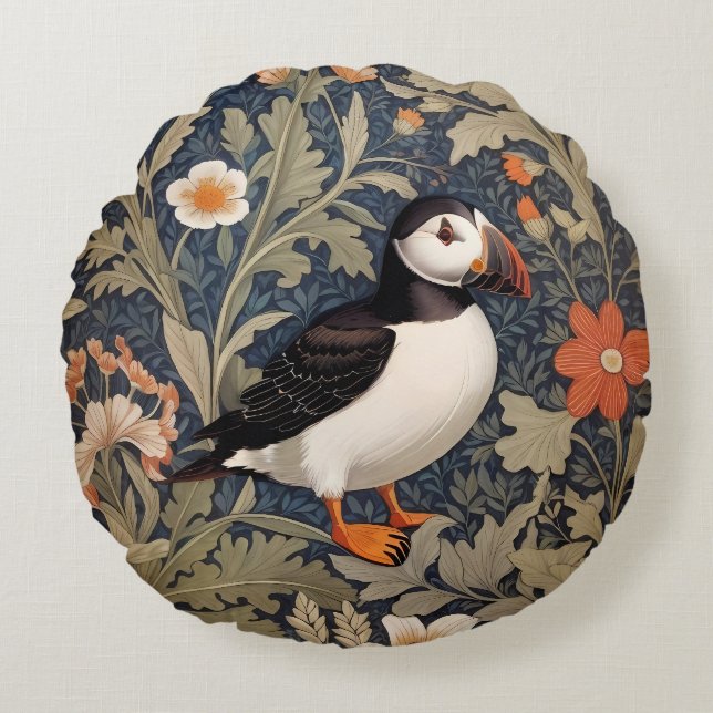 Beautiful Puffin William Morris Inspired Round Cushion (Front)
