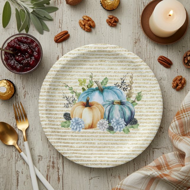 Beautiful Pumpkin Blue Thanksgiving Watercolor Paper Plate (Creator Uploaded)