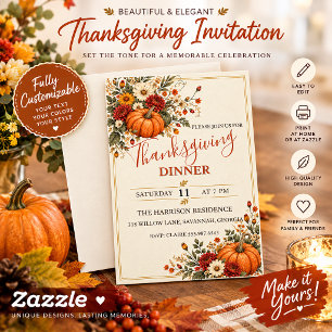 Beautiful Pumpkin Floral Thanksgiving Invitation