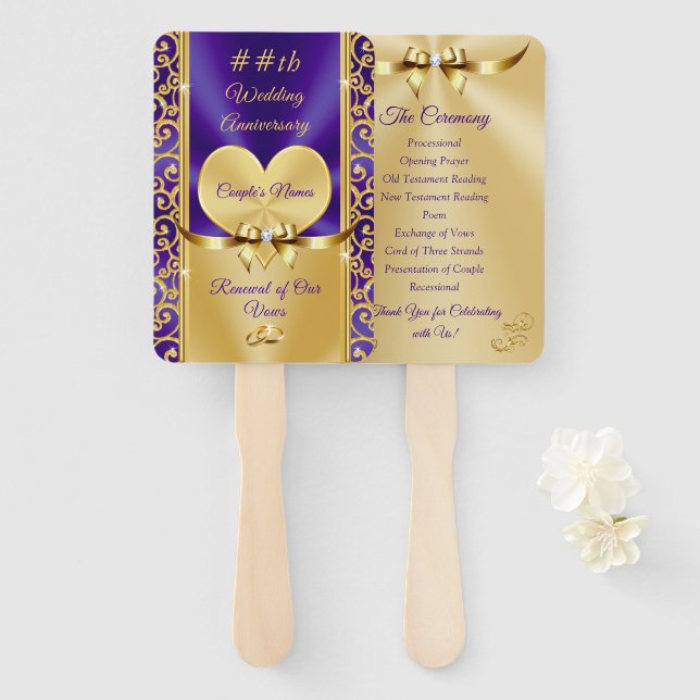 Beautiful Purple and Gold Anniversary Program Fans (Front and Back)