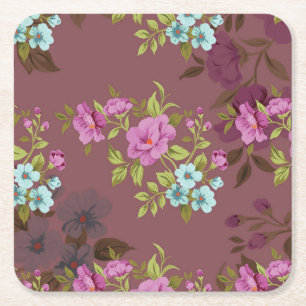 Beautiful Purple and Green Pastel Floral Pattern Square Paper Coaster