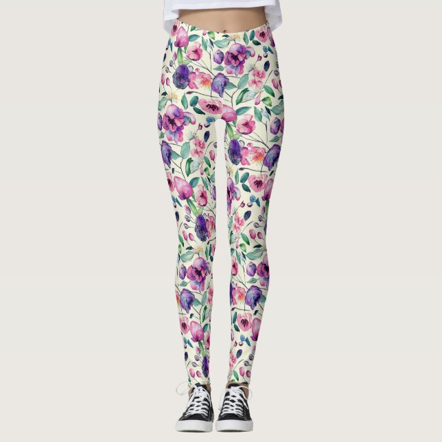 Beautiful Purple And Pink Floral Pattern Leggings (Front)