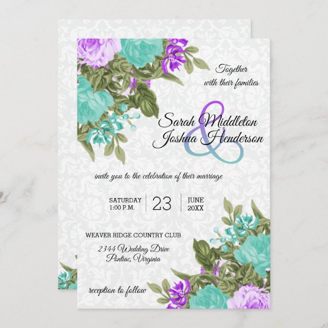 Beautiful Purple and Teal Flower Wedding Invitation (Front/Back)