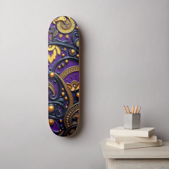Beautiful Purple Black Gold Floral Abstract Skateboard (Wall Art)