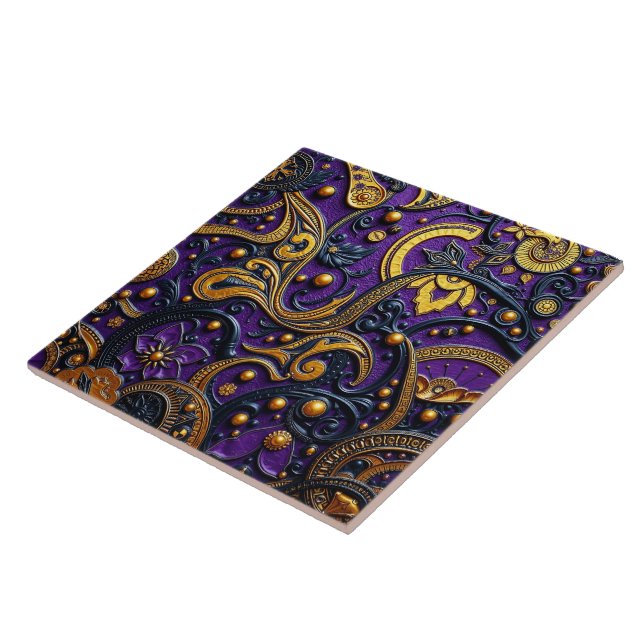 Beautiful Purple Black Gold Floral Abstract Tile (Side)