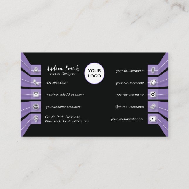 Beautiful Purple Black Social Media Icons Minimal Business Card (Front)