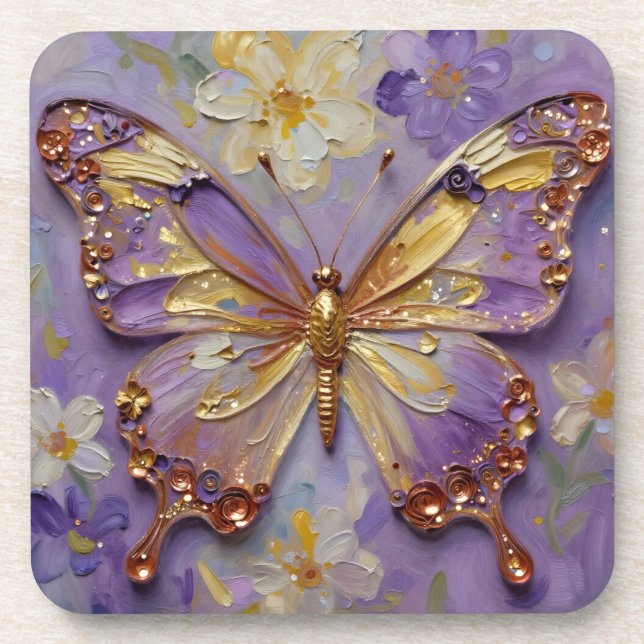 Beautiful Purple Butterfly and Flowers Coaster (Front)