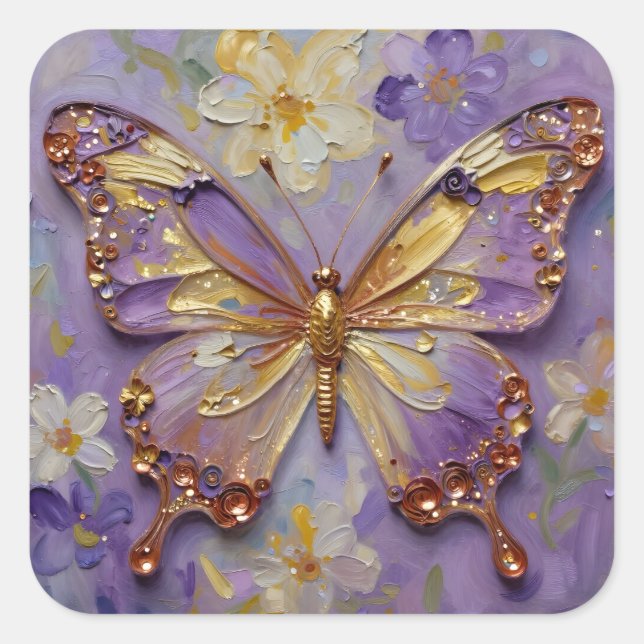 Beautiful Purple Butterfly and Flowers Square Sticker (Front)