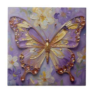Beautiful Purple Butterfly and Flowers Tile