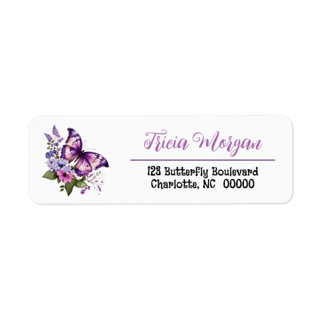 Beautiful Purple Butterfly Floral Return Address (Front)