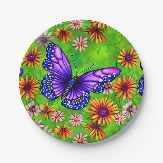 Beautiful Purple Butterfly Flower Meadow Paper Plate (Front)