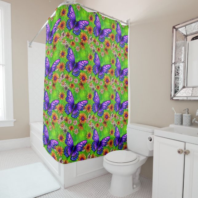 Beautiful Purple Butterfly Flower Meadow Shower Curtain (In Situ)