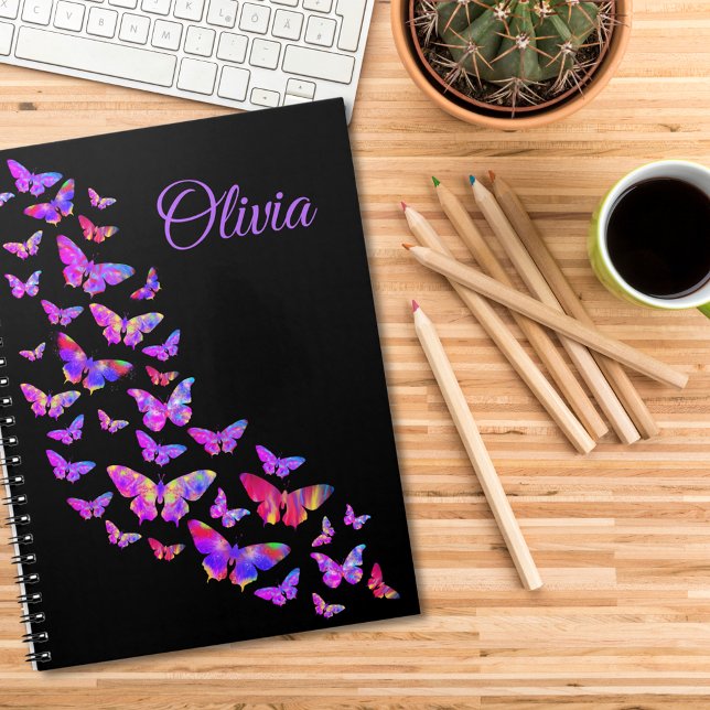 Beautiful Purple Butterfly Pop Art Olivia Name Notebook (Modern stylish custom name notebook pink & purple butterfly pattern black with elegant typography )
