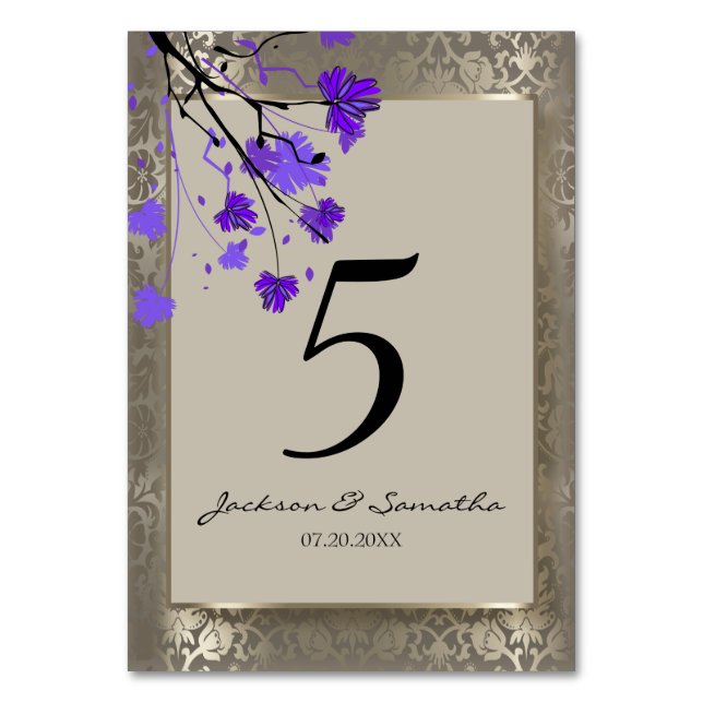 Beautiful Purple Floral & Antique Silver Damask Table Number (Front)