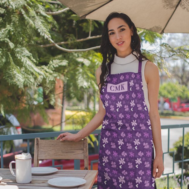 Beautiful Purple Floral Daisy Flower Monogram Apron (Creator Uploaded)