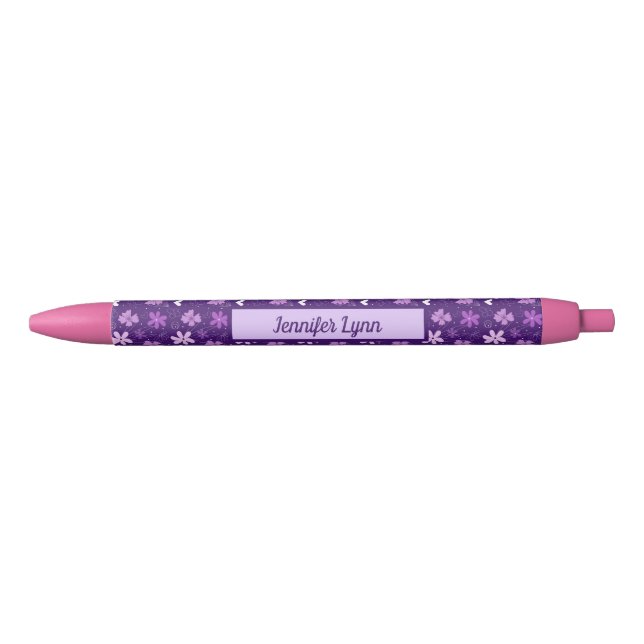 Beautiful Purple Floral Girly Custom Black Ink Pen (Front)