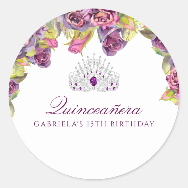 Beautiful Purple Floral Quinceanera Classic Round Sticker (Front)
