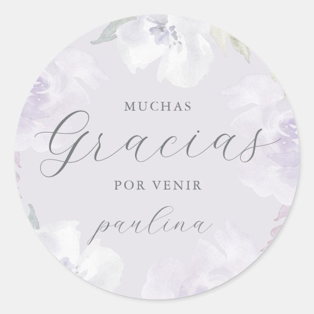 Beautiful Purple Floral Quinceañera Gracias Name Classic Round Sticker (Front)