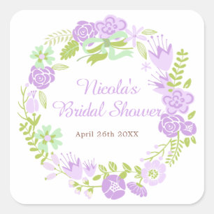 Beautiful Purple Floral Wreath Bridal Shower Square Sticker